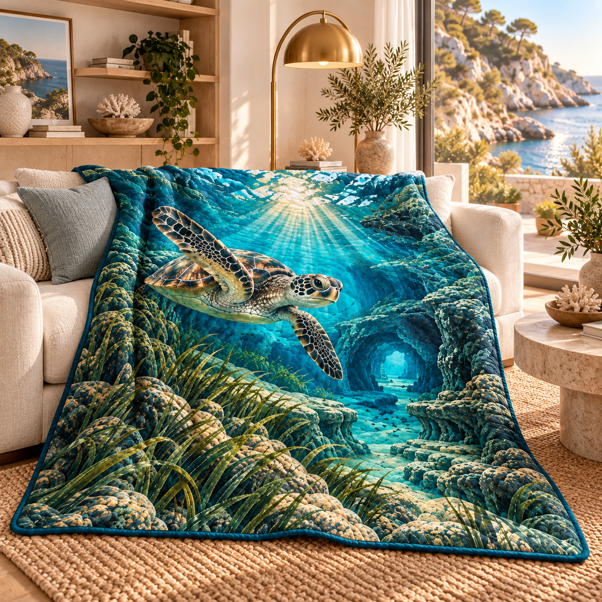 Sea Turtle Lagoon Living Room Focal Point Quilt Blanket with flat printed sea turtle lagoon art in a layered coastal living room
