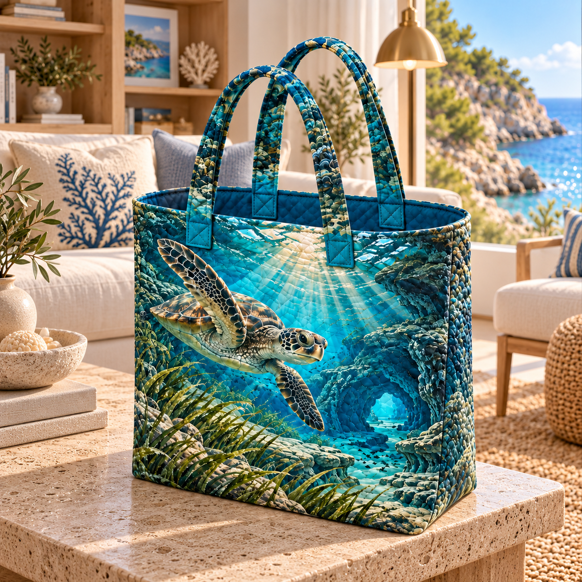 Sea Turtle Lagoon Living Room Focal Point Quilted Tote Bag with flat printed sea turtle lagoon art in a layered coastal living room