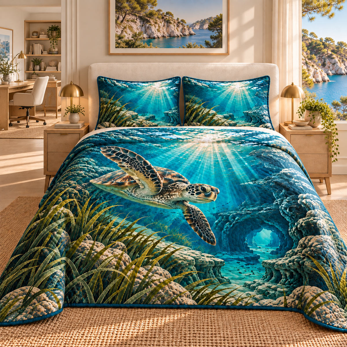 Sea Turtle Lagoon Home Office Backdrop Quilted Bedding Set with flat printed sea turtle lagoon art in a layered coastal home office