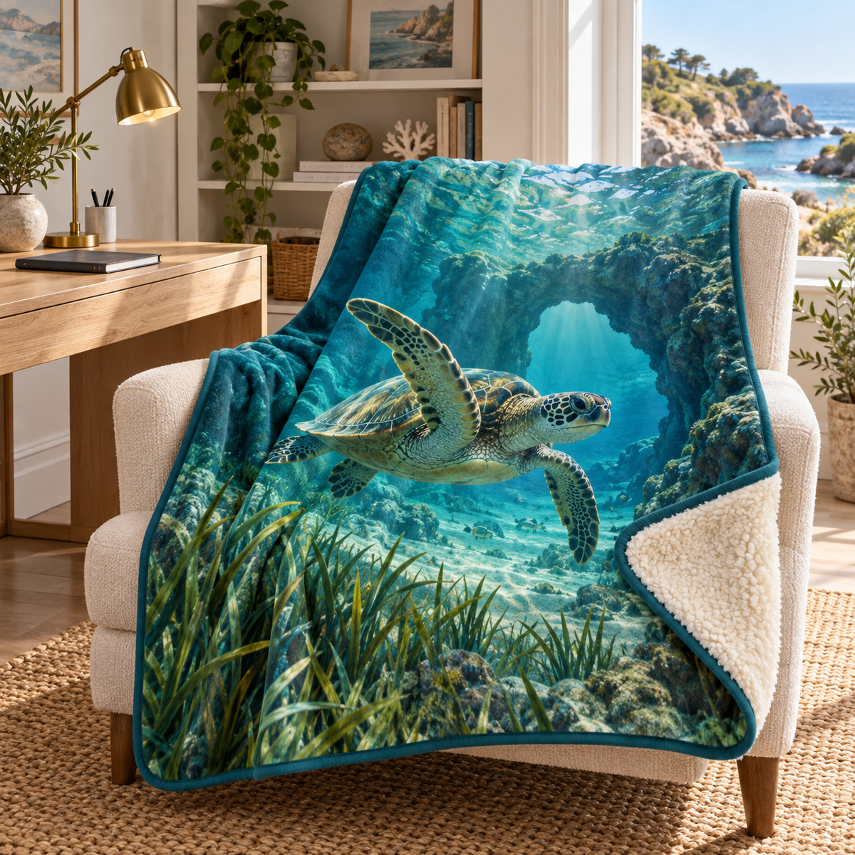 Sea Turtle Lagoon Home Office Backdrop Sherpa & Fleece Blanket with flat printed coastal library alcove and sea turtle art in a layered reading room