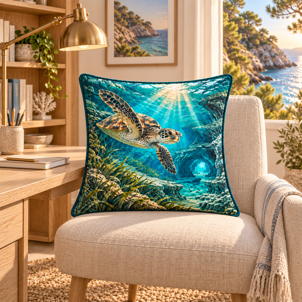 Sea Turtle Lagoon Home Office Backdrop Quilted Cushion Cover with flat printed sea turtle lagoon art in a layered coastal home office