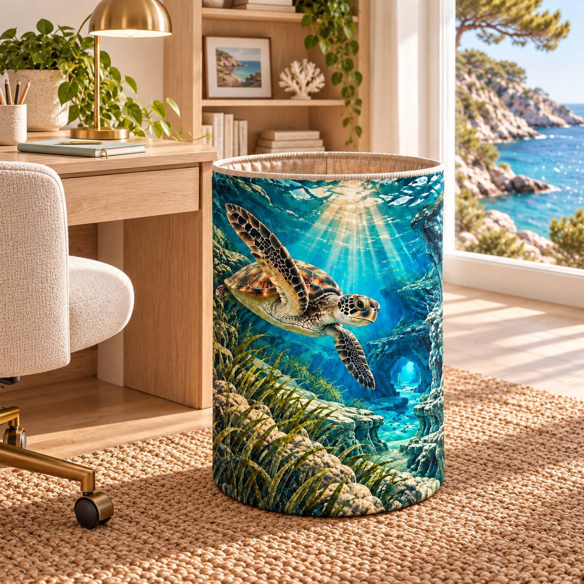 Sea Turtle Lagoon Home Office Backdrop Laundry Hamper with flat printed sea turtle lagoon art in a layered coastal home office
