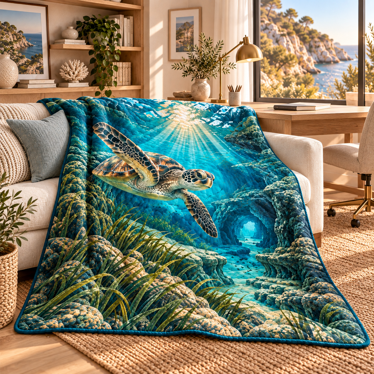 Sea Turtle Lagoon Home Office Backdrop Quilt Blanket with flat printed sea turtle lagoon art in a layered coastal home office