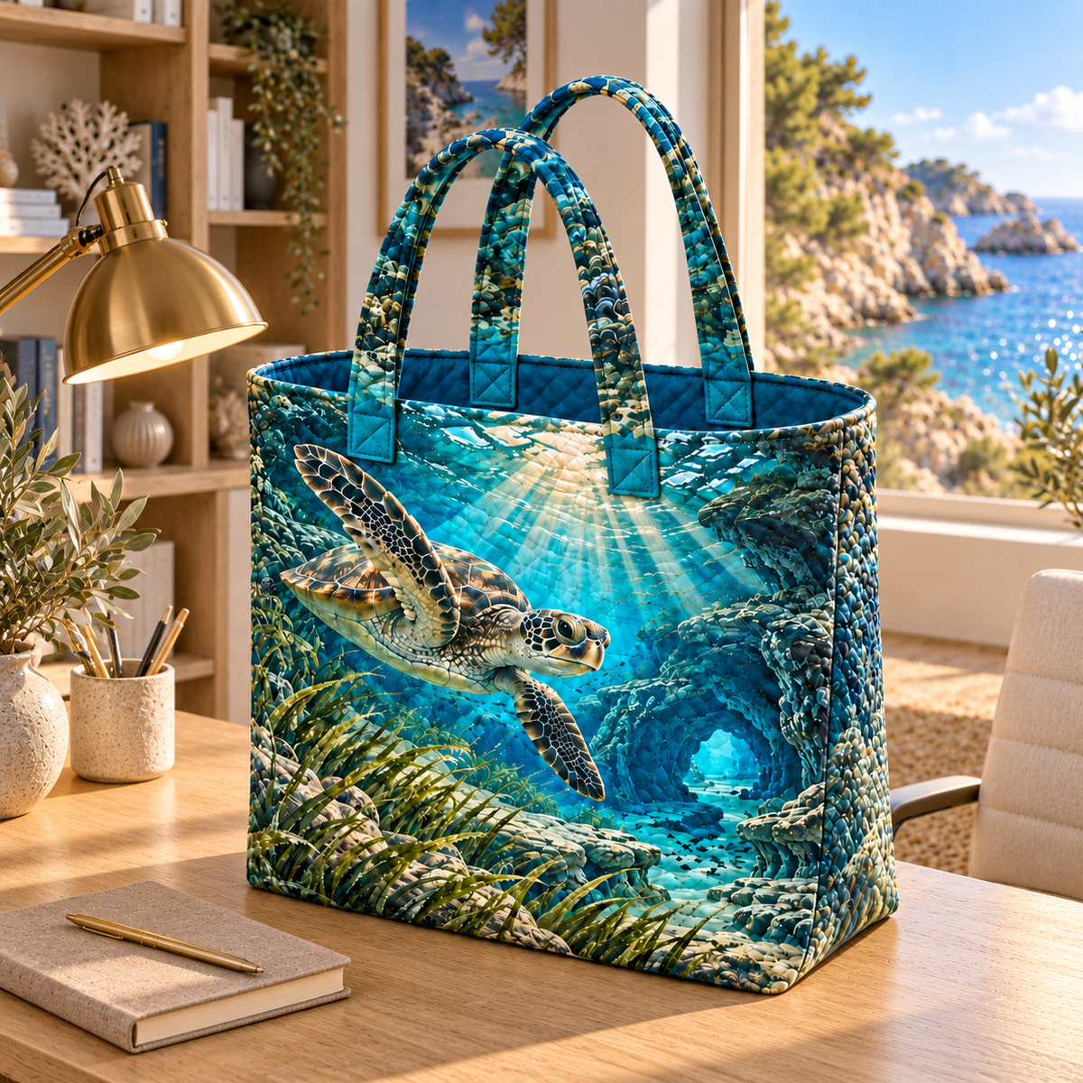 Sea Turtle Lagoon Home Office Backdrop Quilted Tote Bag with flat printed sea turtle lagoon art in a layered coastal home office