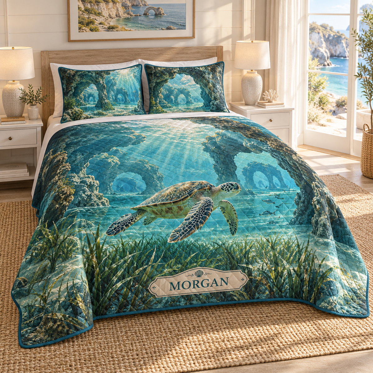 Sea Turtle Lagoon Housewarming Quilted Bedding Set with flat printed personalized sea turtle lagoon art in a welcoming coastal home