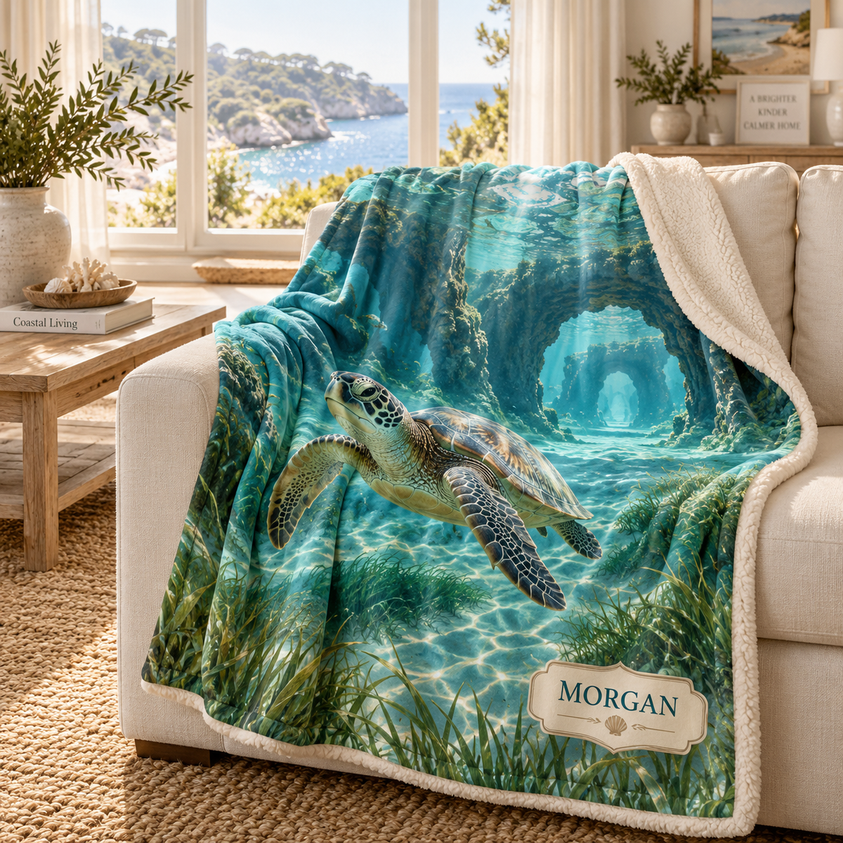 Sea Turtle Lagoon Housewarming Sherpa & Fleece Blanket with flat printed personalized turtle lagoon art in a welcoming coastal living room