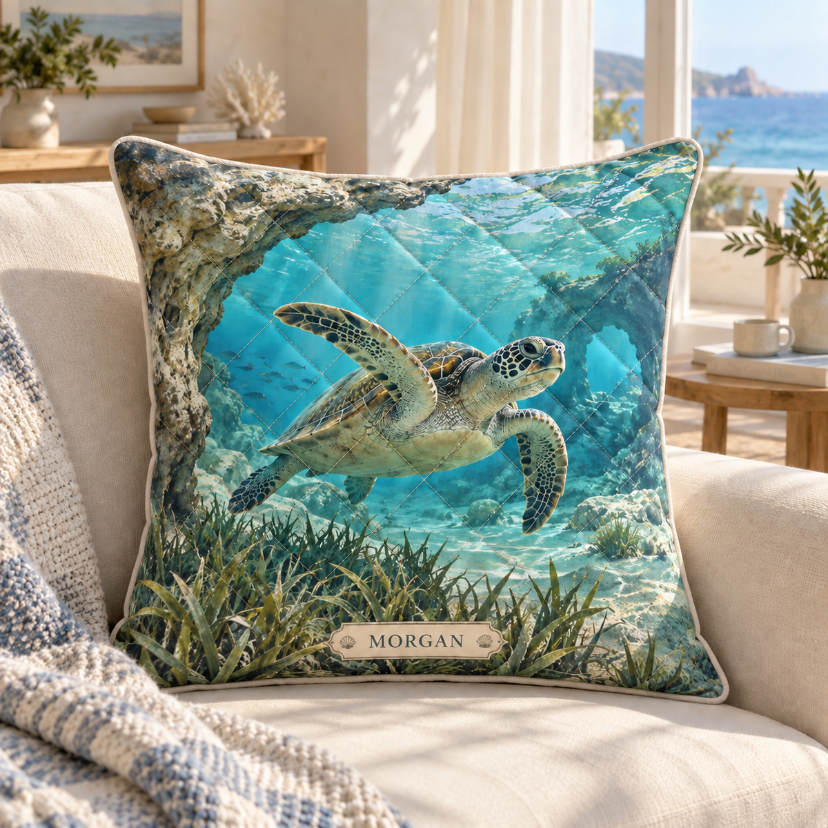 Sea Turtle Lagoon Housewarming Quilted Cushion Cover with flat printed personalized sea turtle lagoon art in a welcoming coastal home