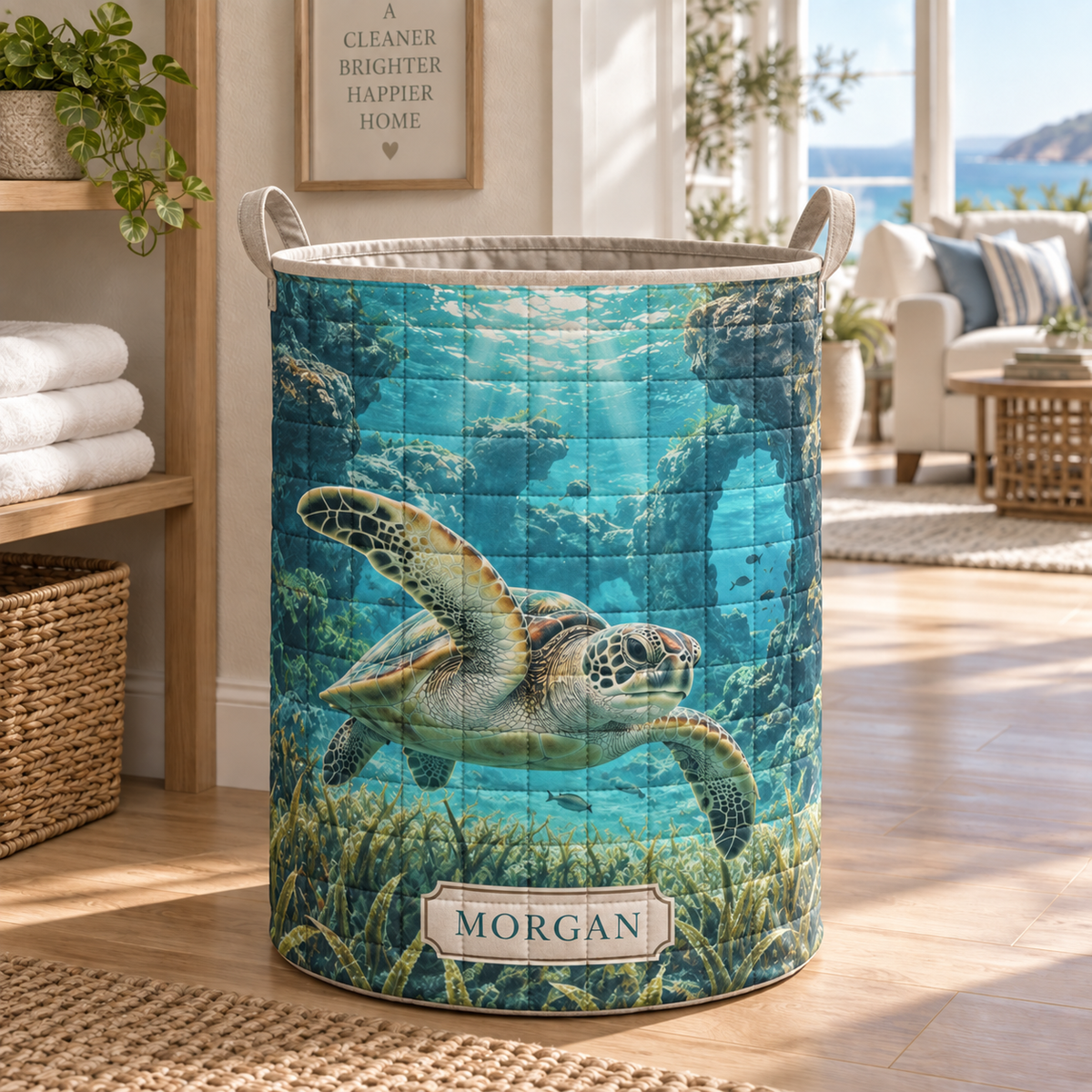 Sea Turtle Lagoon Housewarming Laundry Hamper with flat printed personalized sea turtle lagoon art in a welcoming coastal home