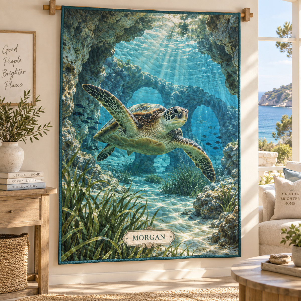 Sea Turtle Lagoon Housewarming Quilt Blanket with flat printed personalized sea turtle lagoon art in a welcoming coastal home