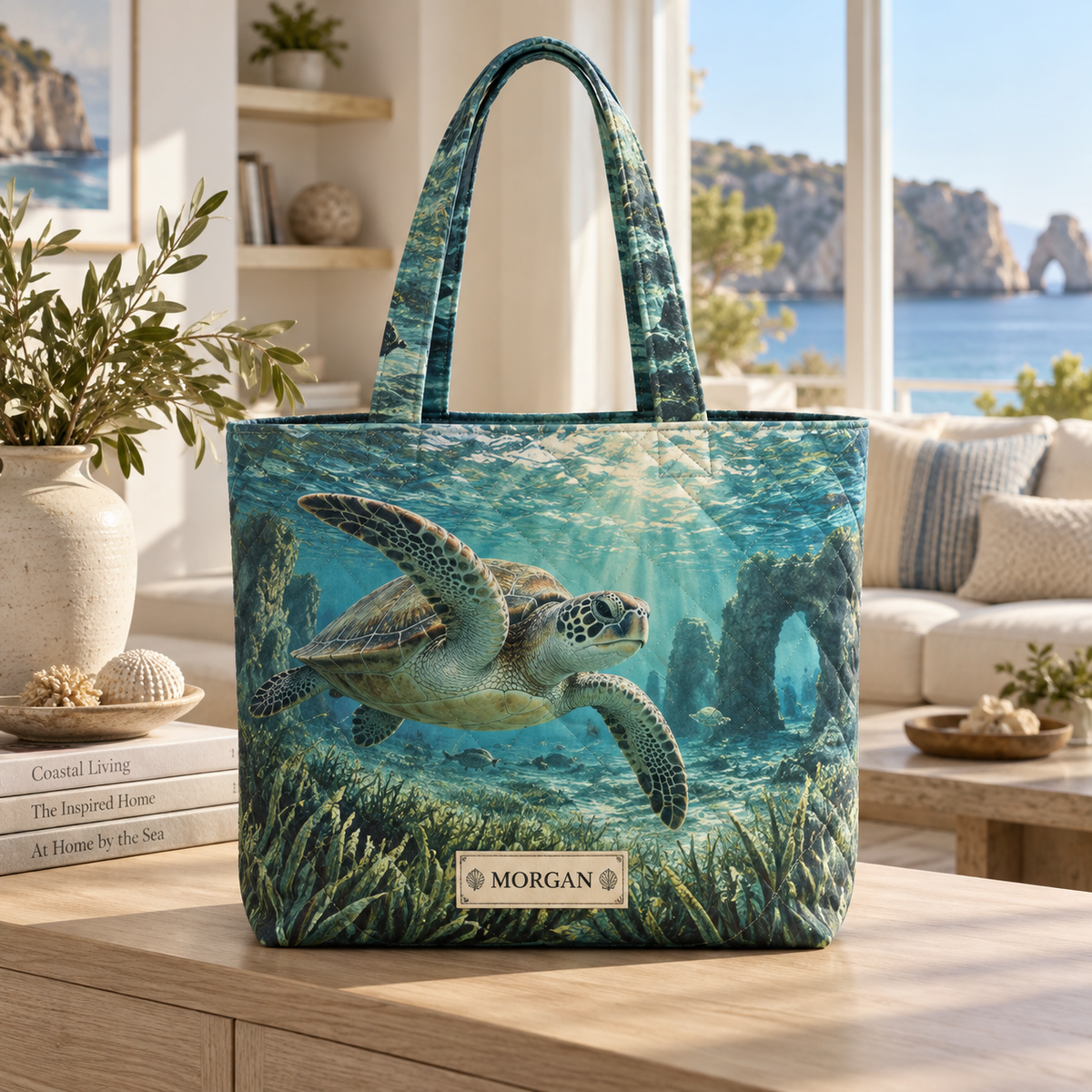 Sea Turtle Lagoon Housewarming Quilted Tote Bag with flat printed personalized sea turtle lagoon art in a welcoming coastal home