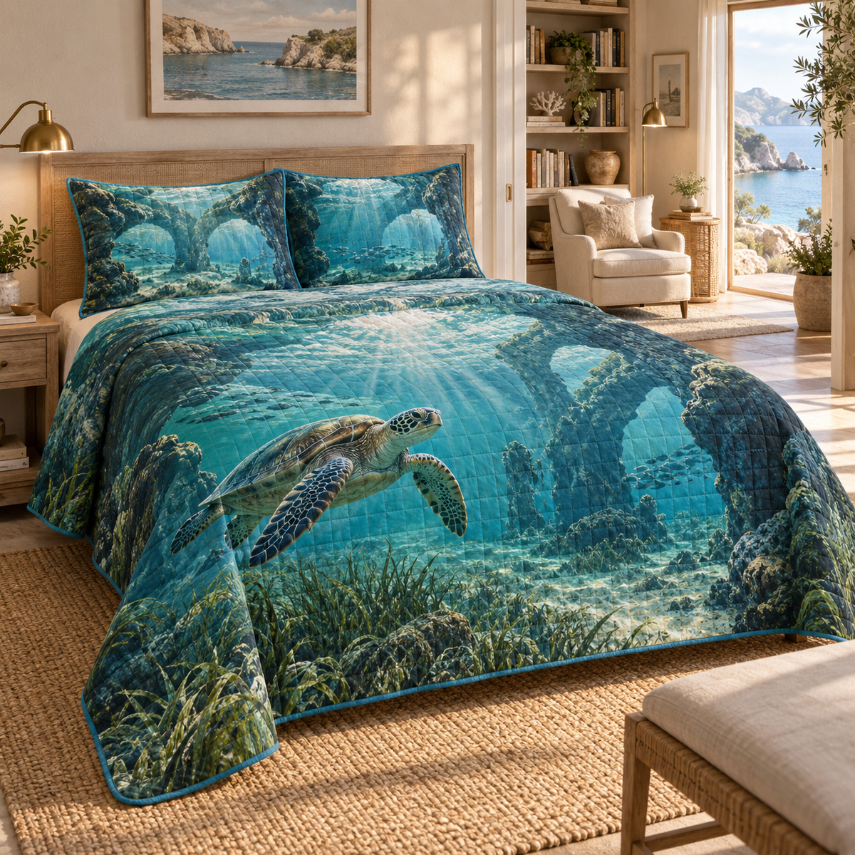 Sea Turtle Lagoon Quiet Corner Quilted Bedding Set with flat printed sea turtle lagoon art in a calm coastal reading corner