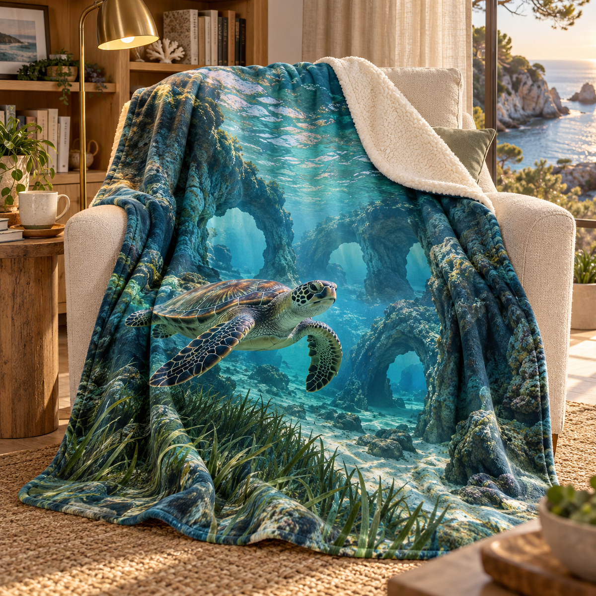 Sea Turtle Lagoon Quiet Corner Sherpa & Fleece Blanket with flat printed turtle lagoon art in a calm coastal reading corner