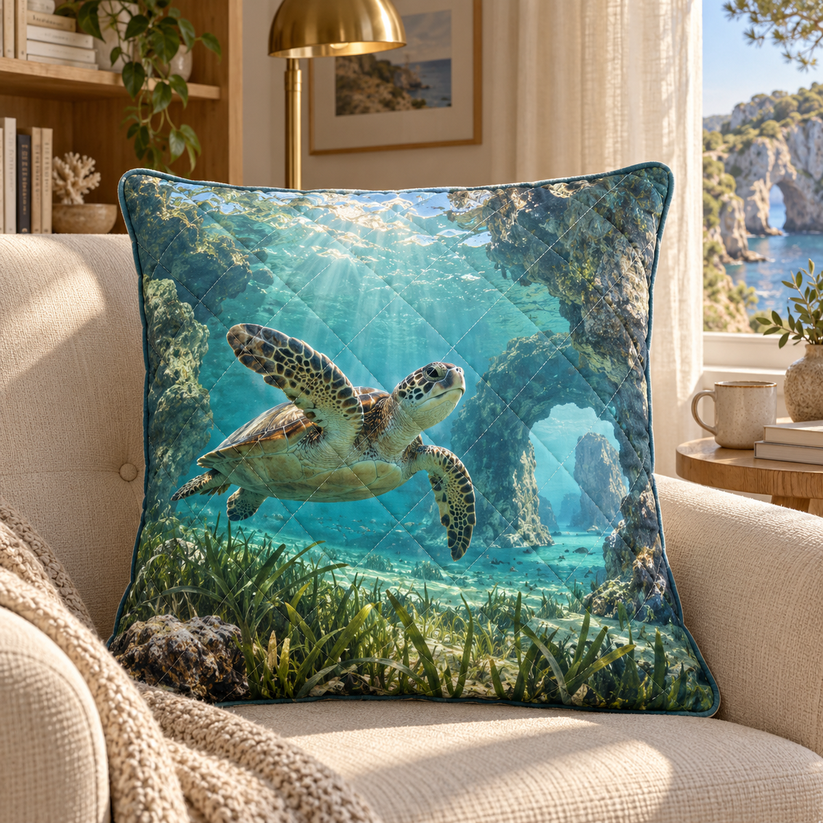 Sea Turtle Lagoon Quiet Corner Quilted Cushion Cover with flat printed sea turtle lagoon art in a calm coastal reading corner