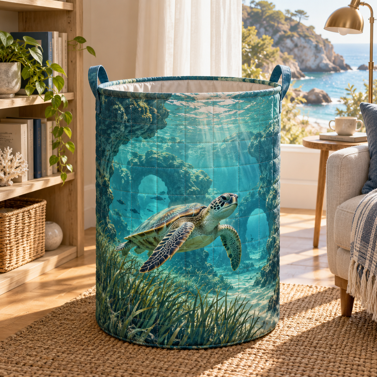 Sea Turtle Lagoon Quiet Corner Laundry Hamper with flat printed sea turtle lagoon art in a calm coastal reading corner