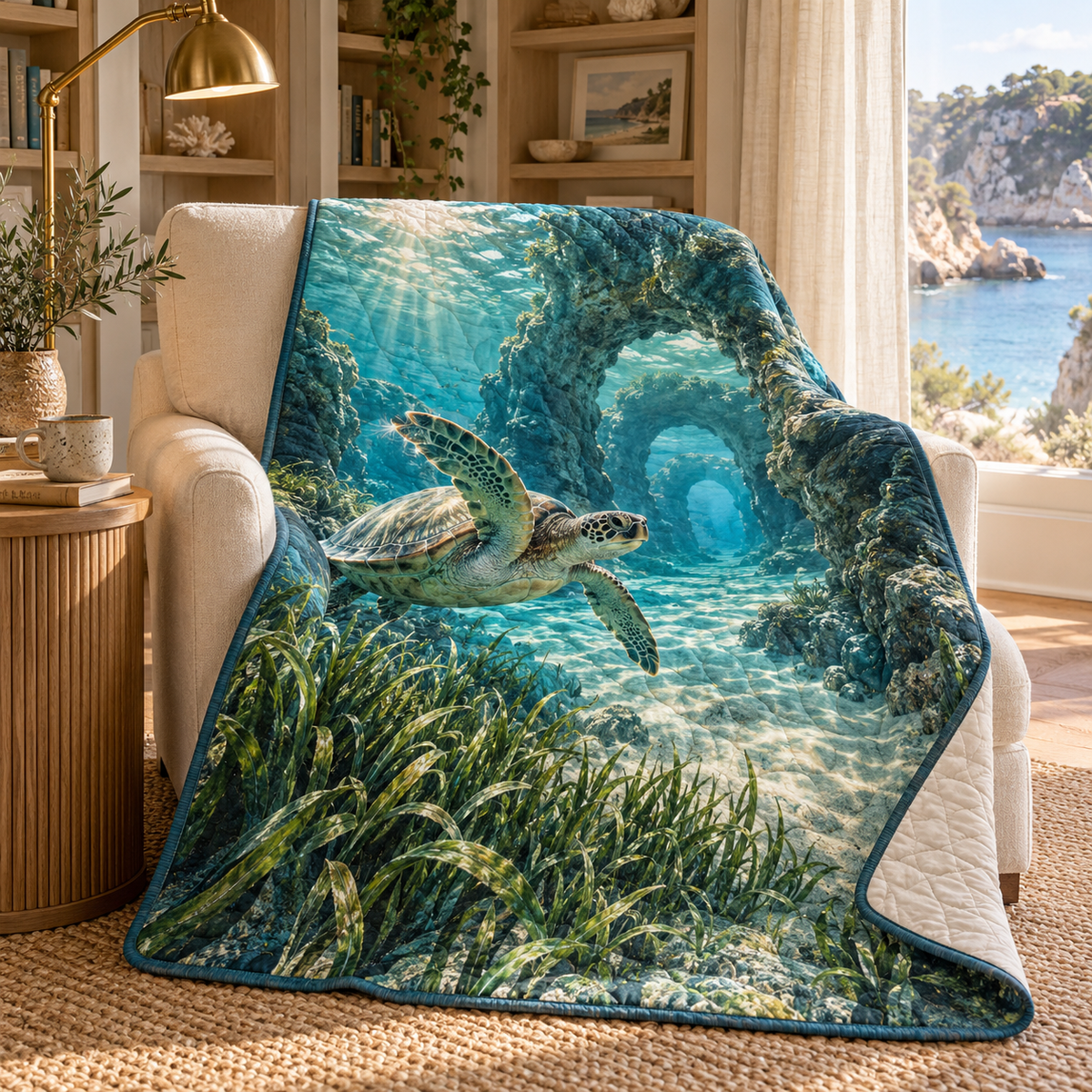 Sea Turtle Lagoon Quiet Corner Quilt Blanket with flat printed sea turtle lagoon art in a calm coastal reading corner
