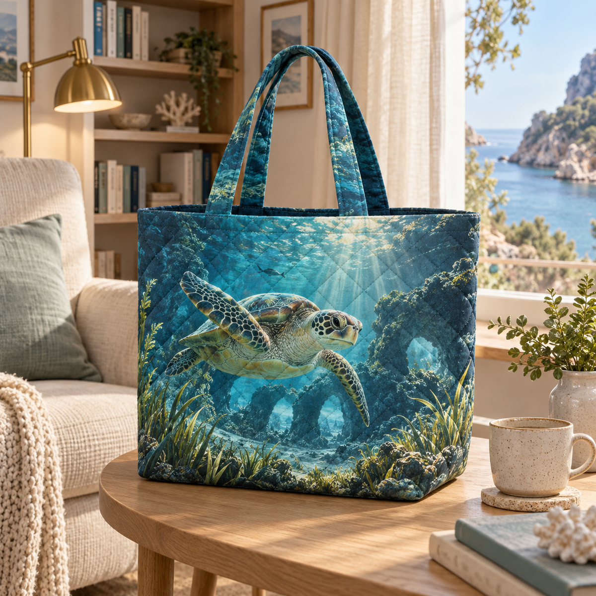 Sea Turtle Lagoon Quiet Corner Quilted Tote Bag with flat printed sea turtle lagoon art in a calm coastal reading corner