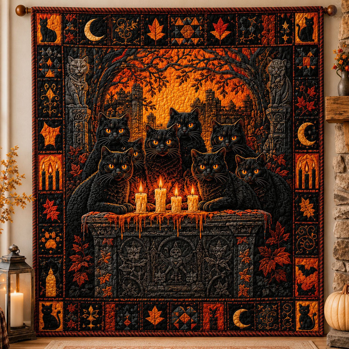 Midnight Coven Black Cats Halloween Quilted Blanket printed blanket