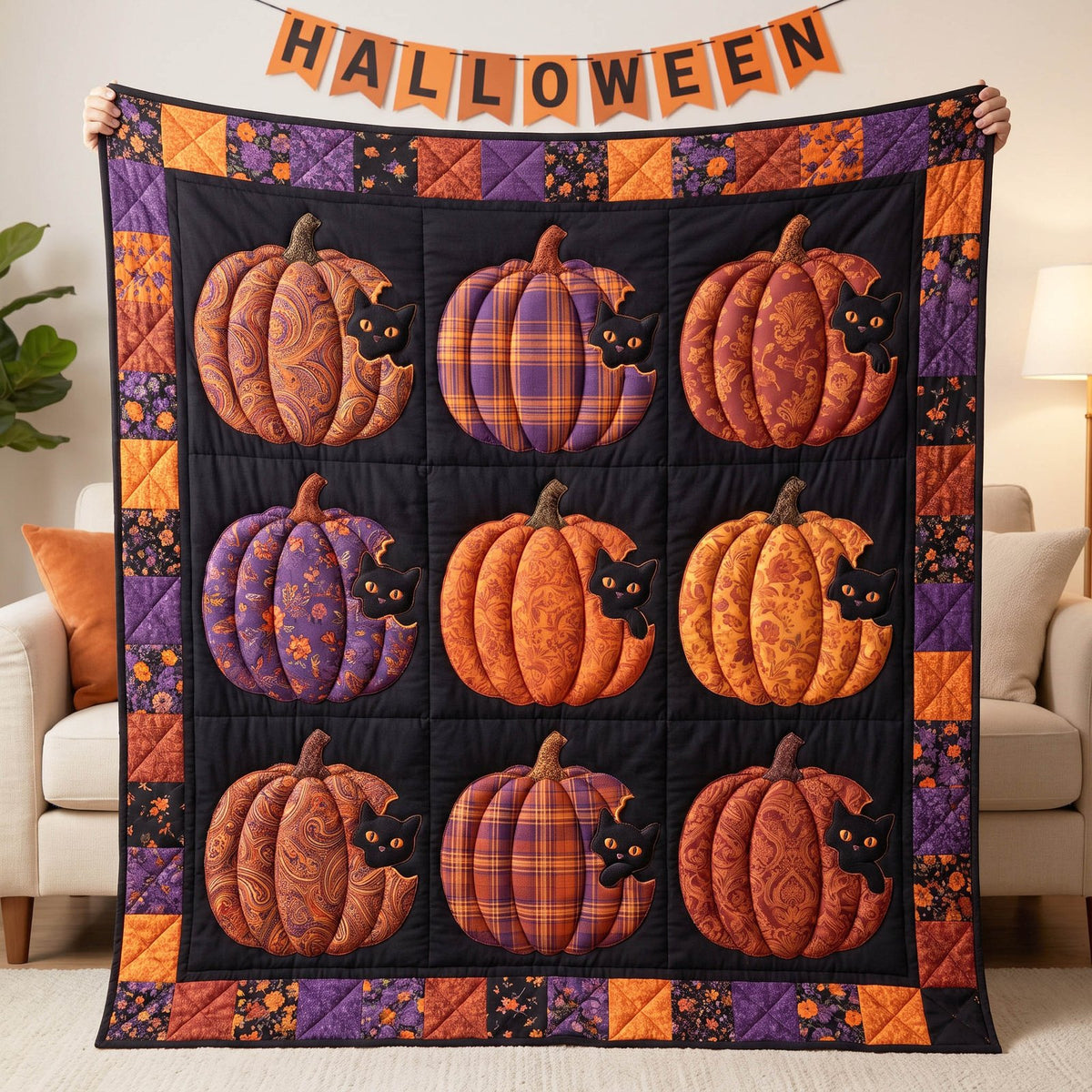 Midnight Whiskers Quilted Blanket printed blanket