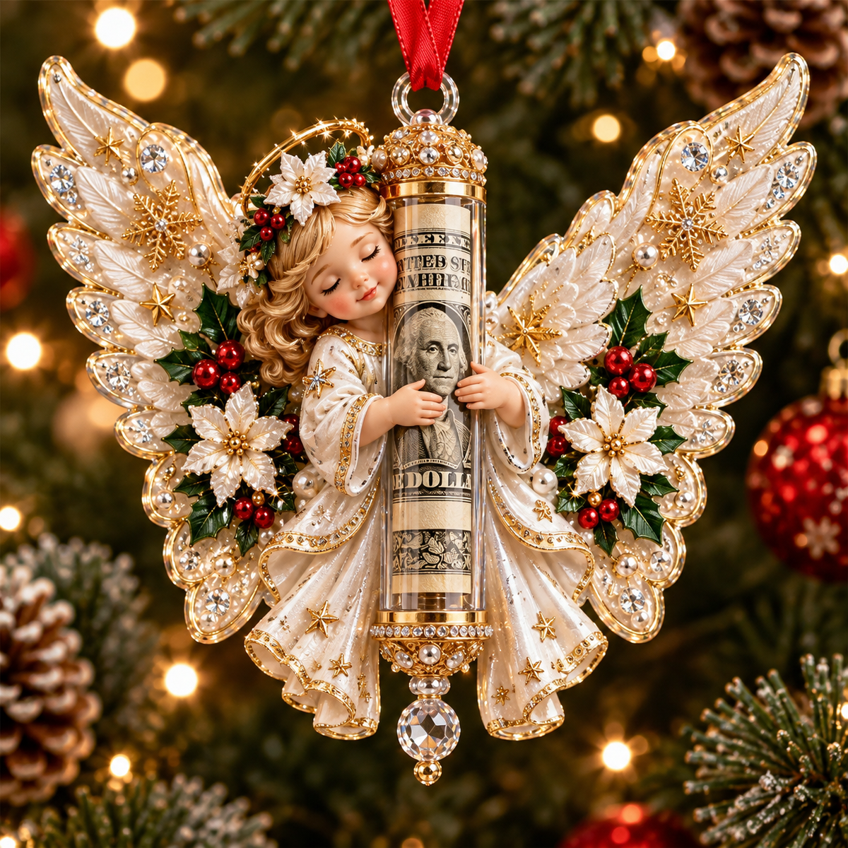 Gold Angel Holly Wreath Cash Holder Christmas Ornament