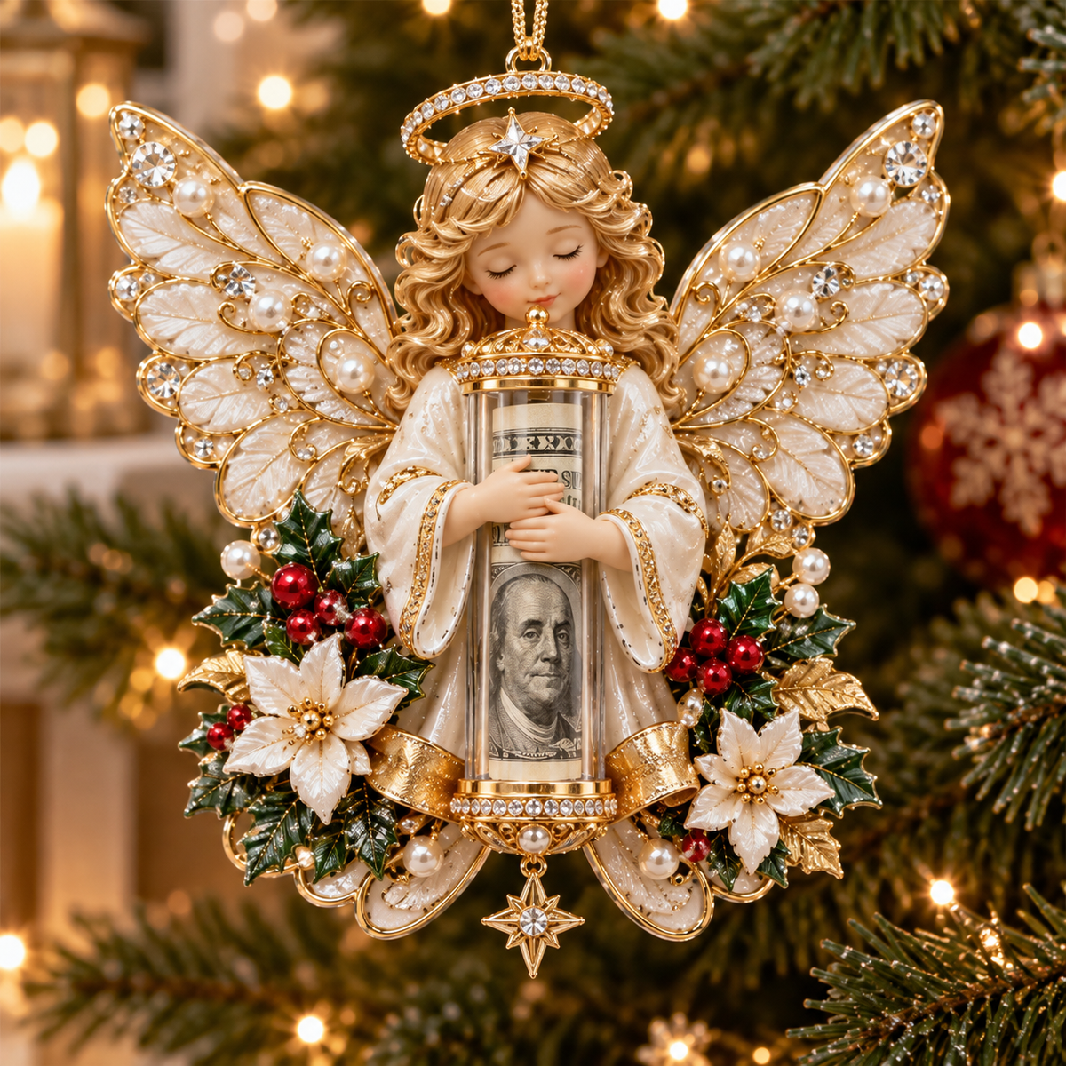 Gold Angel Poinsettia Cash Holder Christmas Ornament