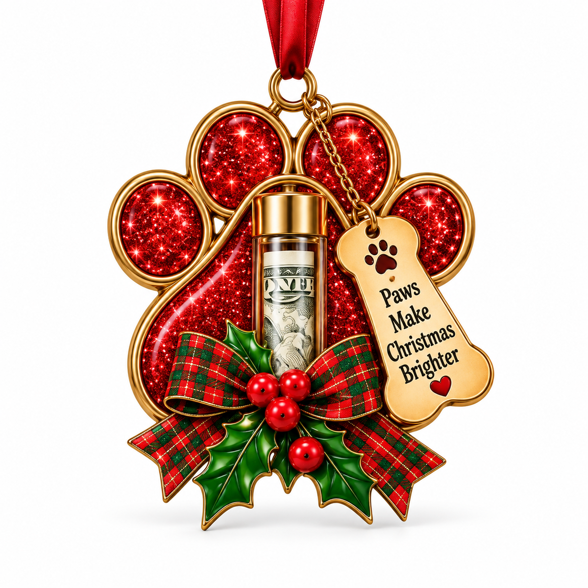 Pet Paw Print Design Red Envelope Cash Holder Christmas Ornament