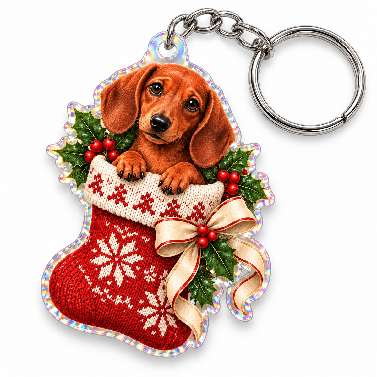 Dachshund Christmas stocking printed on a holographic acrylic keychain with a silver split ring and connector; generated mockup