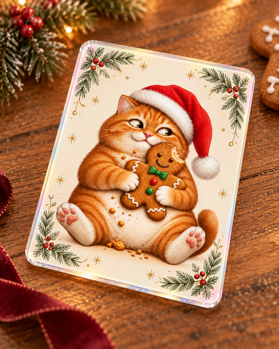 Funny Christmas cookie cat on an ivory botanical holographic acrylic keepsake card; generated mockup