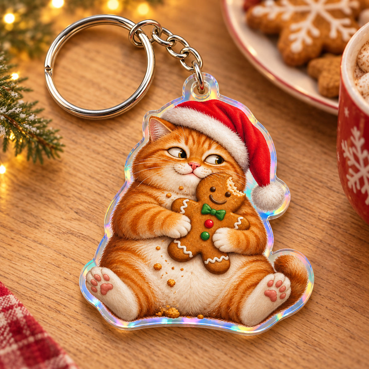 Funny Christmas cookie cat holographic acrylic keychain on a Christmas baking tabletop with cookies and cocoa; generated mockup