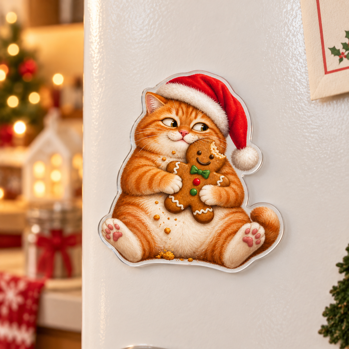 Custom-shaped Christmas cookie cat acrylic magnet with printed 3D depth in a festive setting; generated mockup