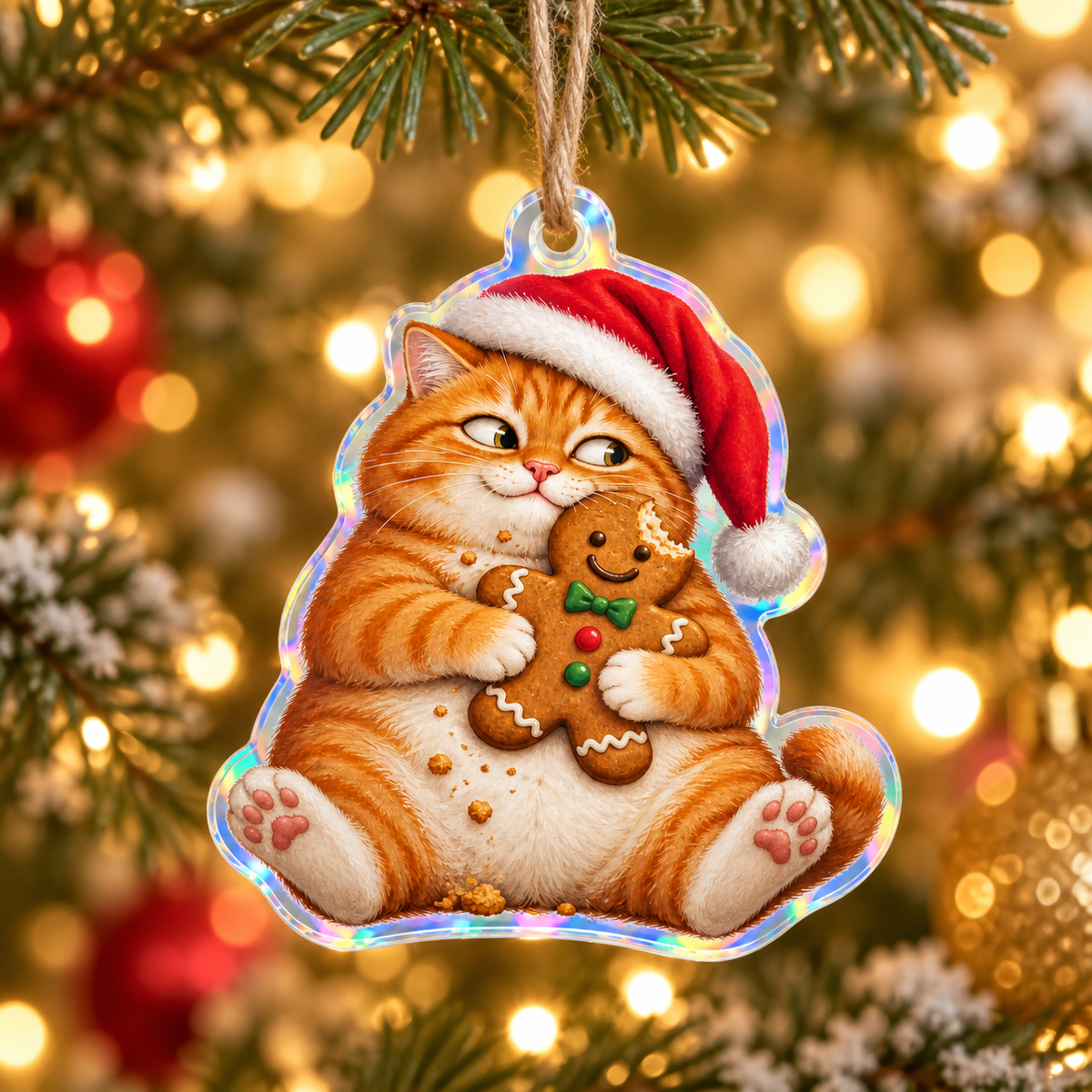 Custom-shaped Christmas cookie cat acrylic ornament with printed 3D depth in a festive setting; generated mockup