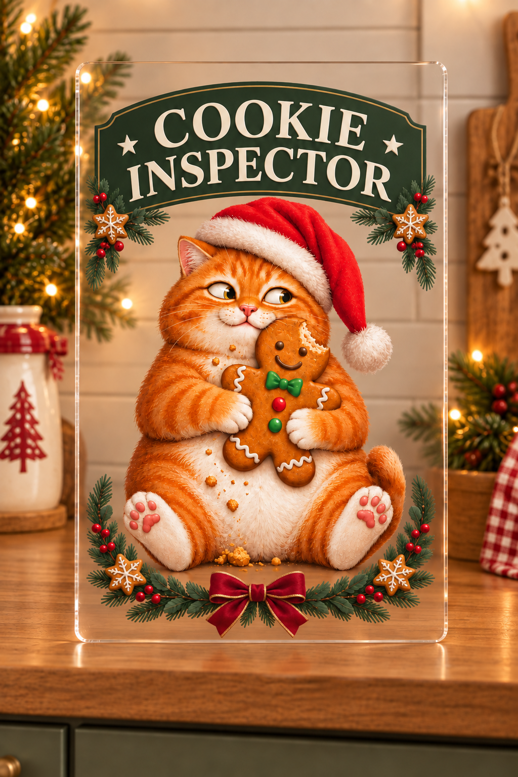 COOKIE INSPECTOR Christmas acrylic sign with funny Santa cat, evergreen framing and printed bow; generated mockup