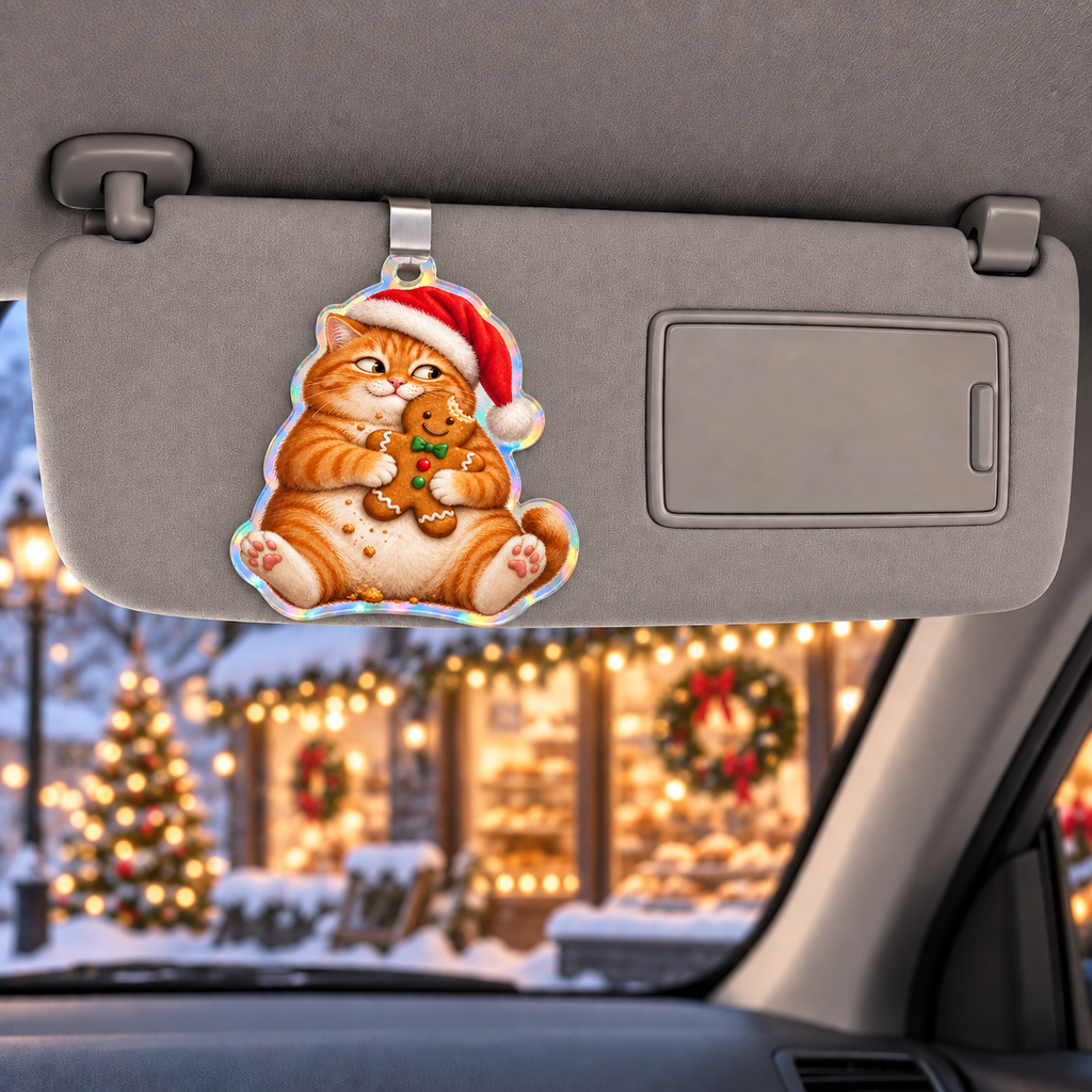 Funny Christmas cookie cat visor with illustrated 3D depth in a festive setting; generated acrylic product mockup