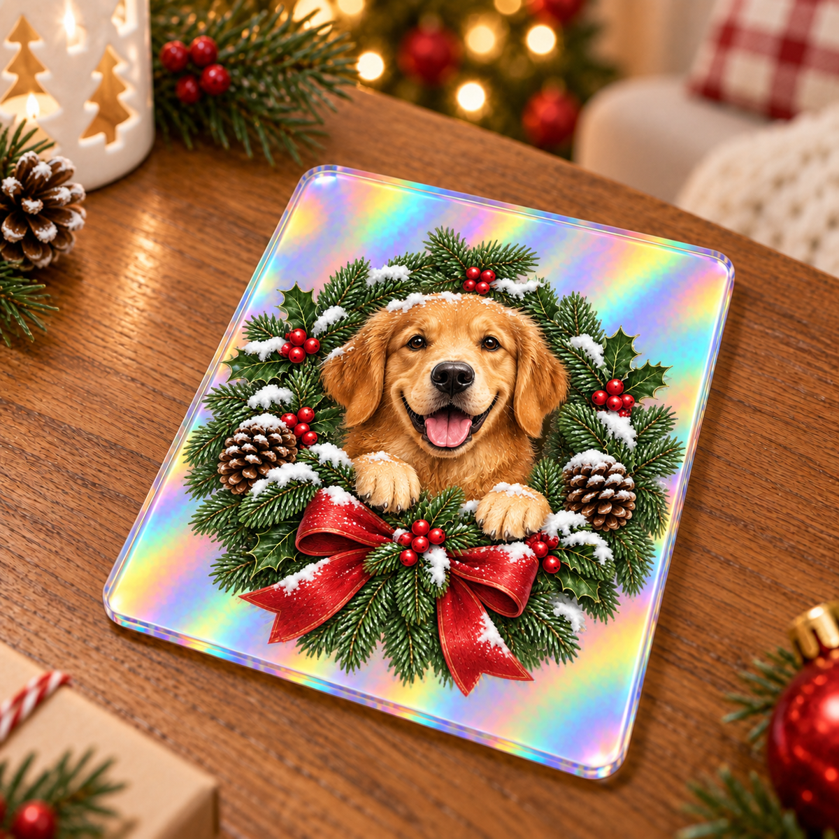Golden retriever Christmas wreath printed on a rounded rectangular holographic acrylic keepsake card; generated mockup