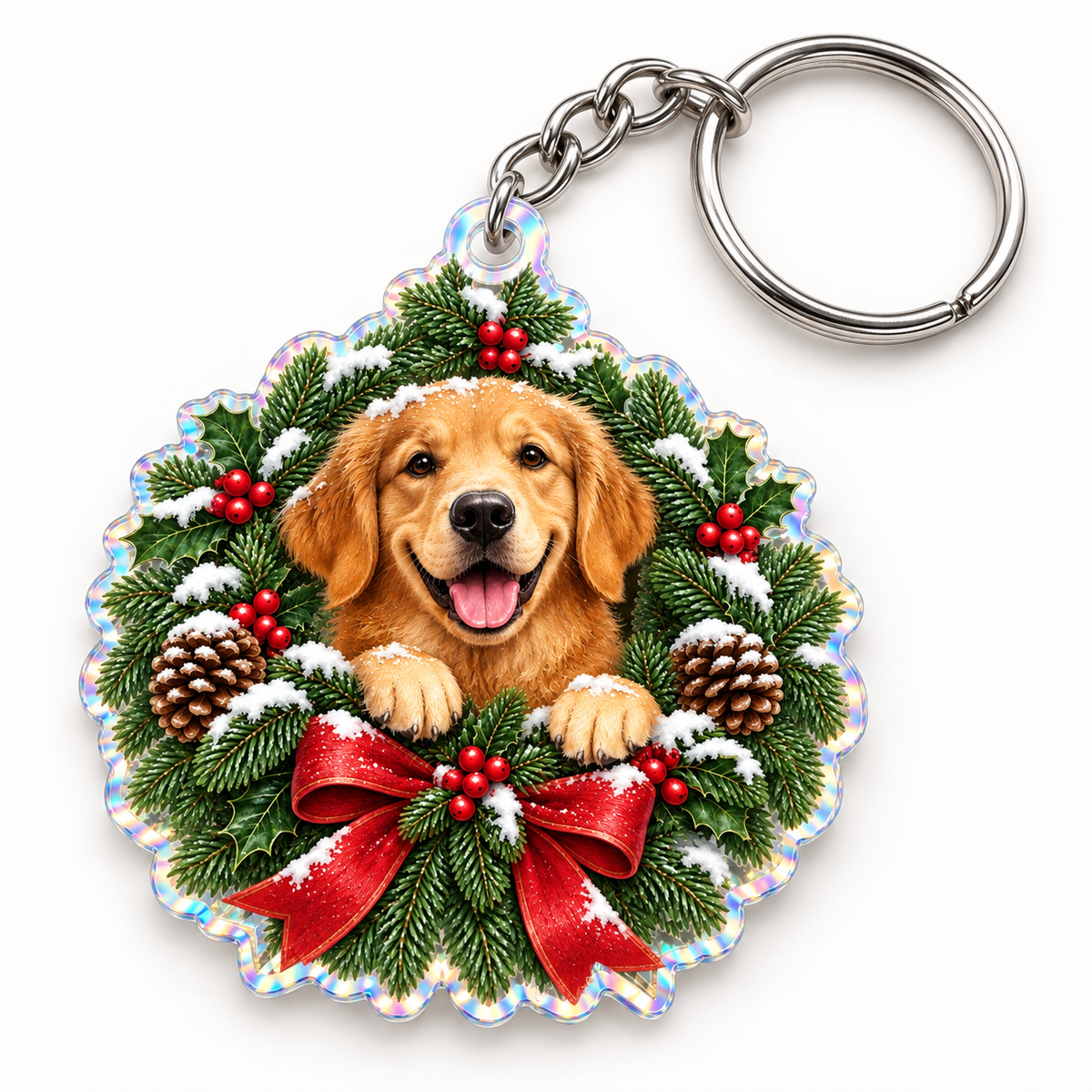 Golden retriever Christmas wreath printed on a holographic acrylic keychain with silver keyring and connector; generated mockup
