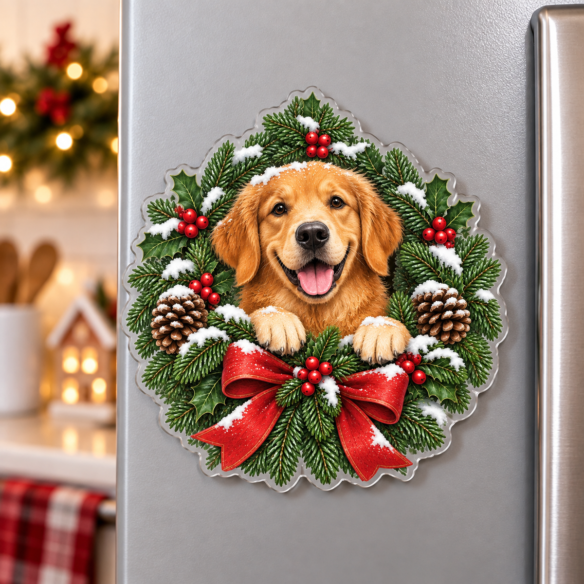 Golden retriever Christmas wreath acrylic magnet on a refrigerator; standard acrylic without holographic finish; generated mockup