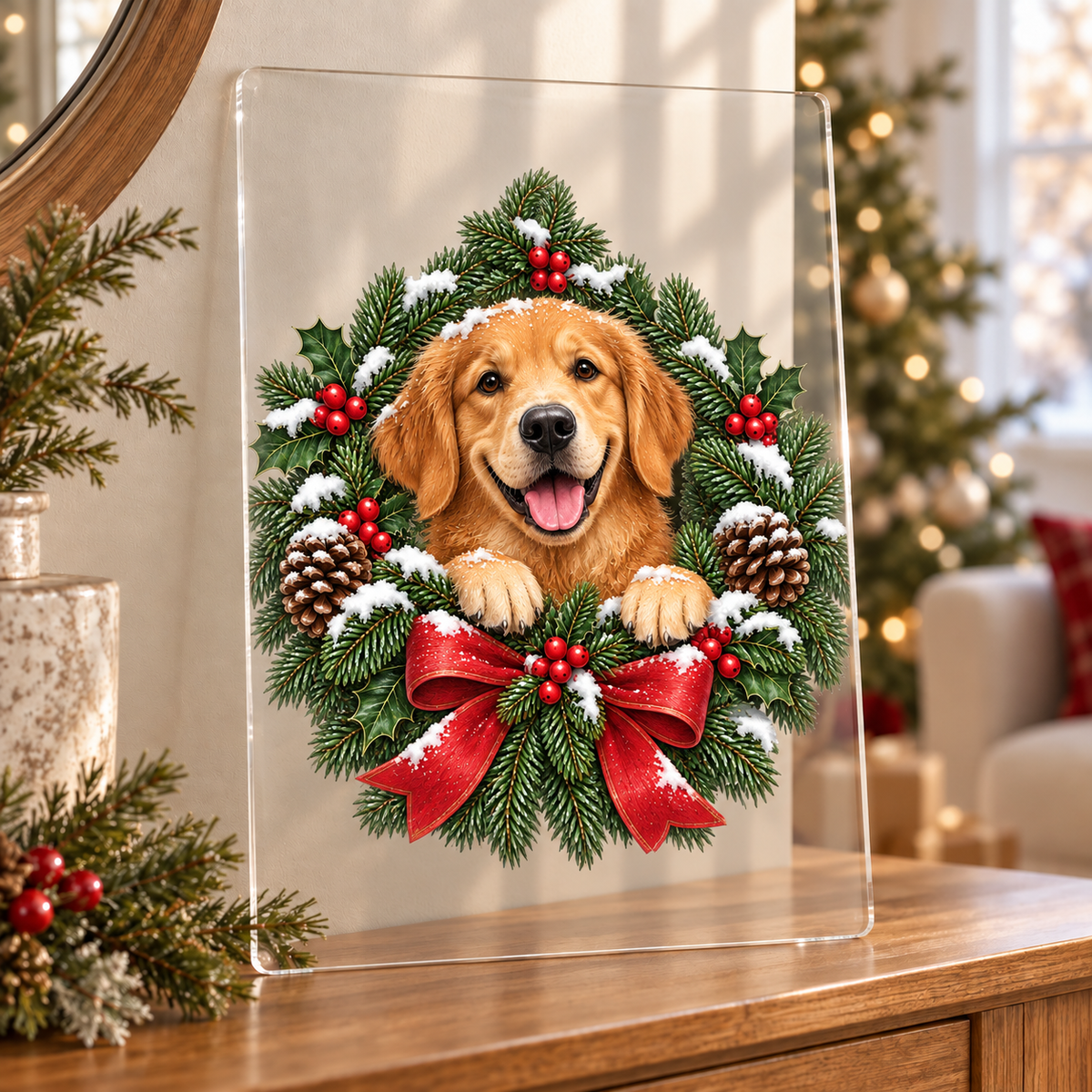 Golden retriever Christmas wreath printed on a clear acrylic Christmas sign on a console table; generated mockup