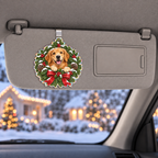 Golden retriever Christmas wreath holographic acrylic clip mounted on a car sun visor; generated mockup