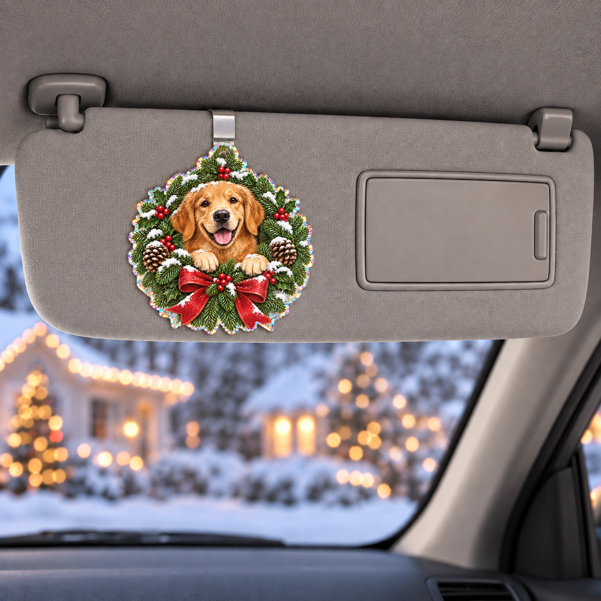 Golden retriever Christmas wreath holographic acrylic clip mounted on a car sun visor; generated mockup