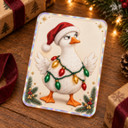 Funny Christmas tangled-lights goose card with illustrated 3D depth in a festive setting; generated acrylic product mockup