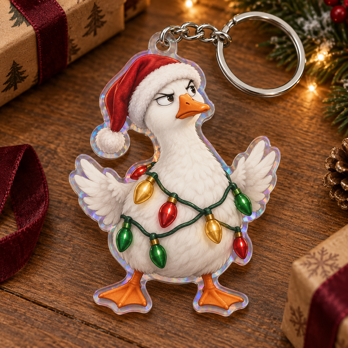 Funny Christmas tangled-lights goose keychain with illustrated 3D depth in a festive setting; generated acrylic product mockup