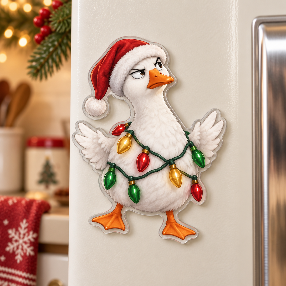 Funny Christmas tangled-lights goose magnet with illustrated 3D depth in a festive setting; generated acrylic product mockup