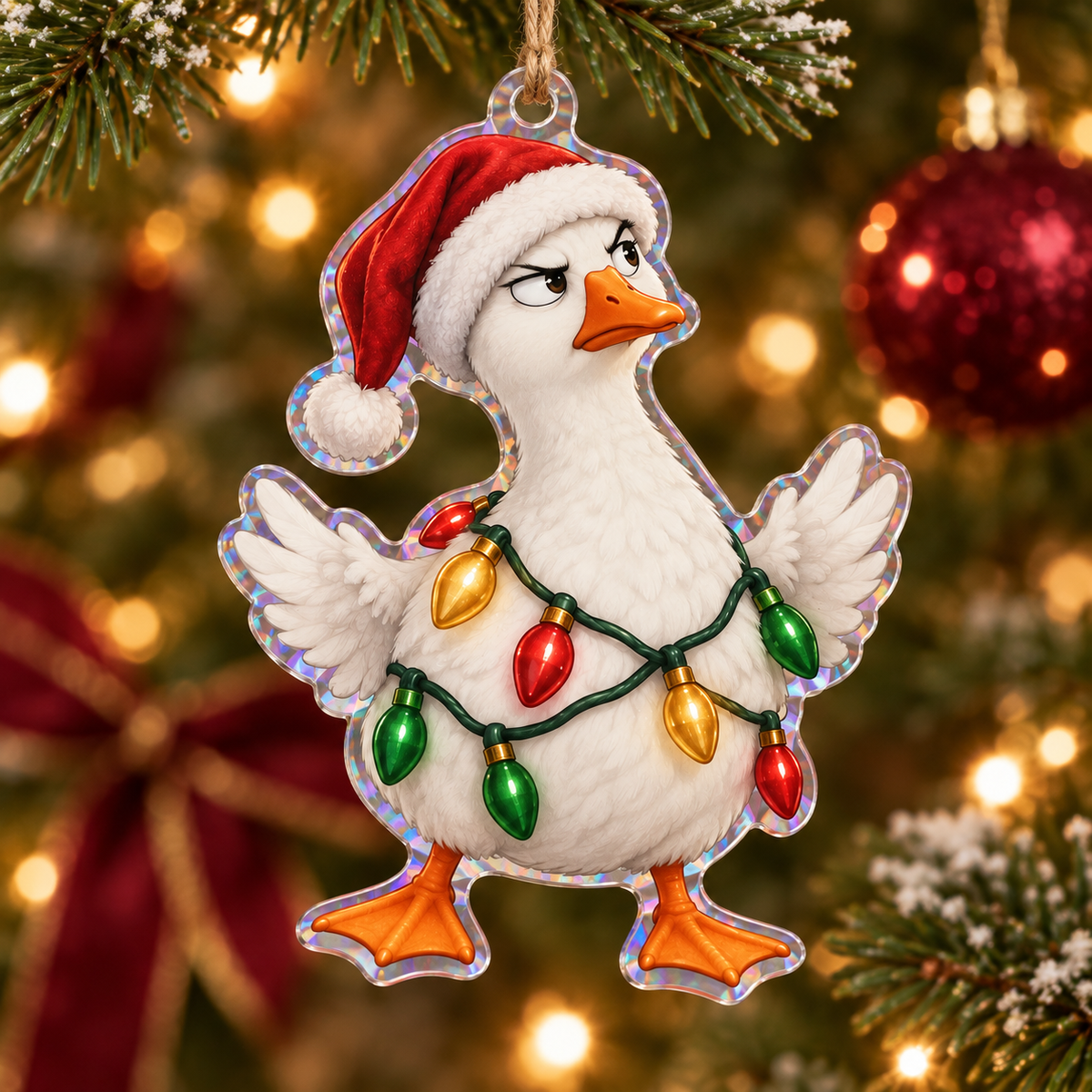Funny Christmas tangled-lights goose ornament with illustrated 3D depth in a festive setting; generated acrylic product mockup