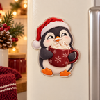 Funny Christmas cocoa-loving penguin magnet with illustrated 3D depth in a festive setting; generated acrylic product mockup