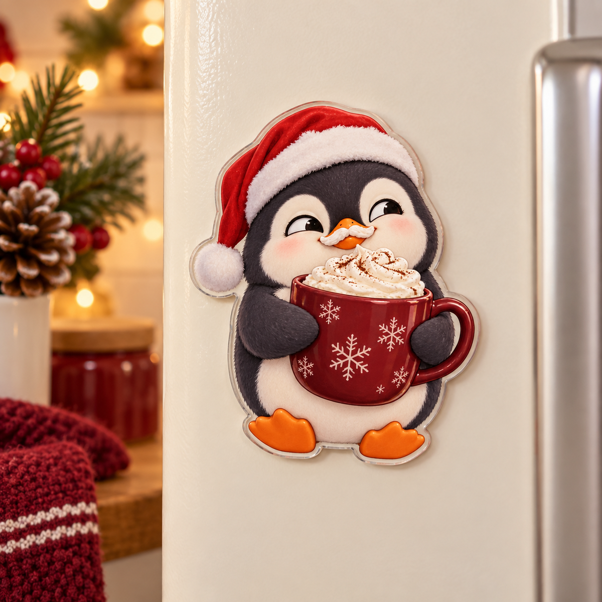 Funny Christmas cocoa-loving penguin magnet with illustrated 3D depth in a festive setting; generated acrylic product mockup