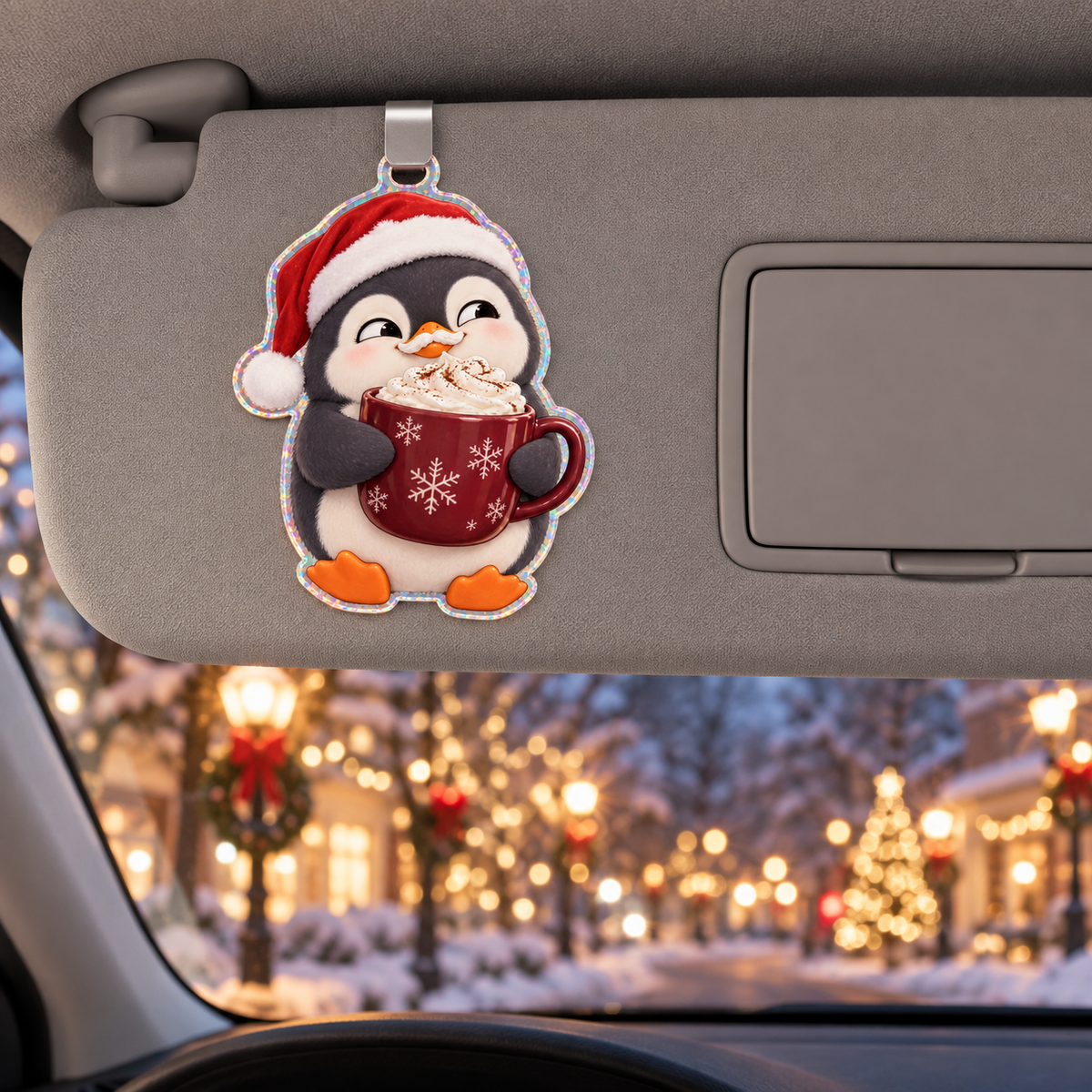 Funny Christmas cocoa-loving penguin visor with illustrated 3D depth in a festive setting; generated acrylic product mockup
