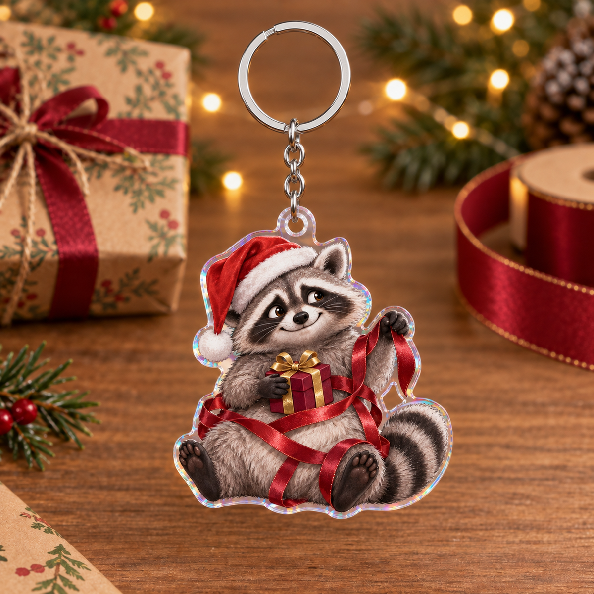 Funny Christmas gift-wrapping raccoon keychain with illustrated 3D depth in a festive setting; generated acrylic product mockup