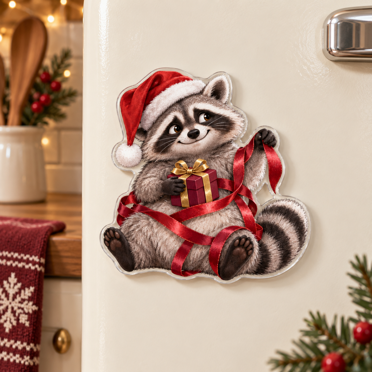 Funny Christmas gift-wrapping raccoon magnet with illustrated 3D depth in a festive setting; generated acrylic product mockup