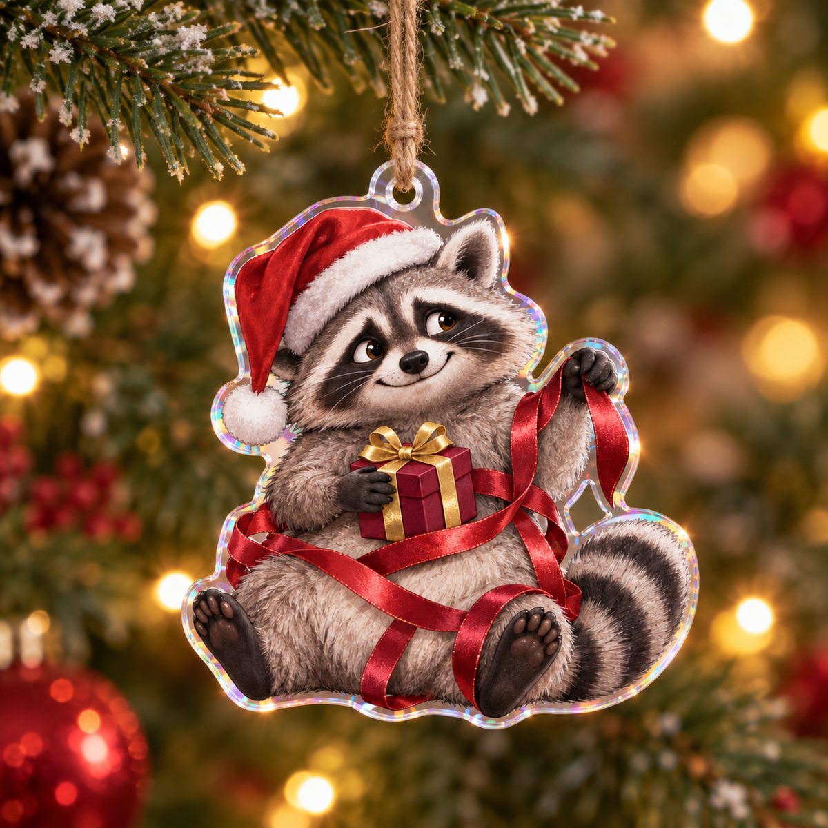 Funny Christmas gift-wrapping raccoon ornament with illustrated 3D depth in a festive setting; generated acrylic product mockup