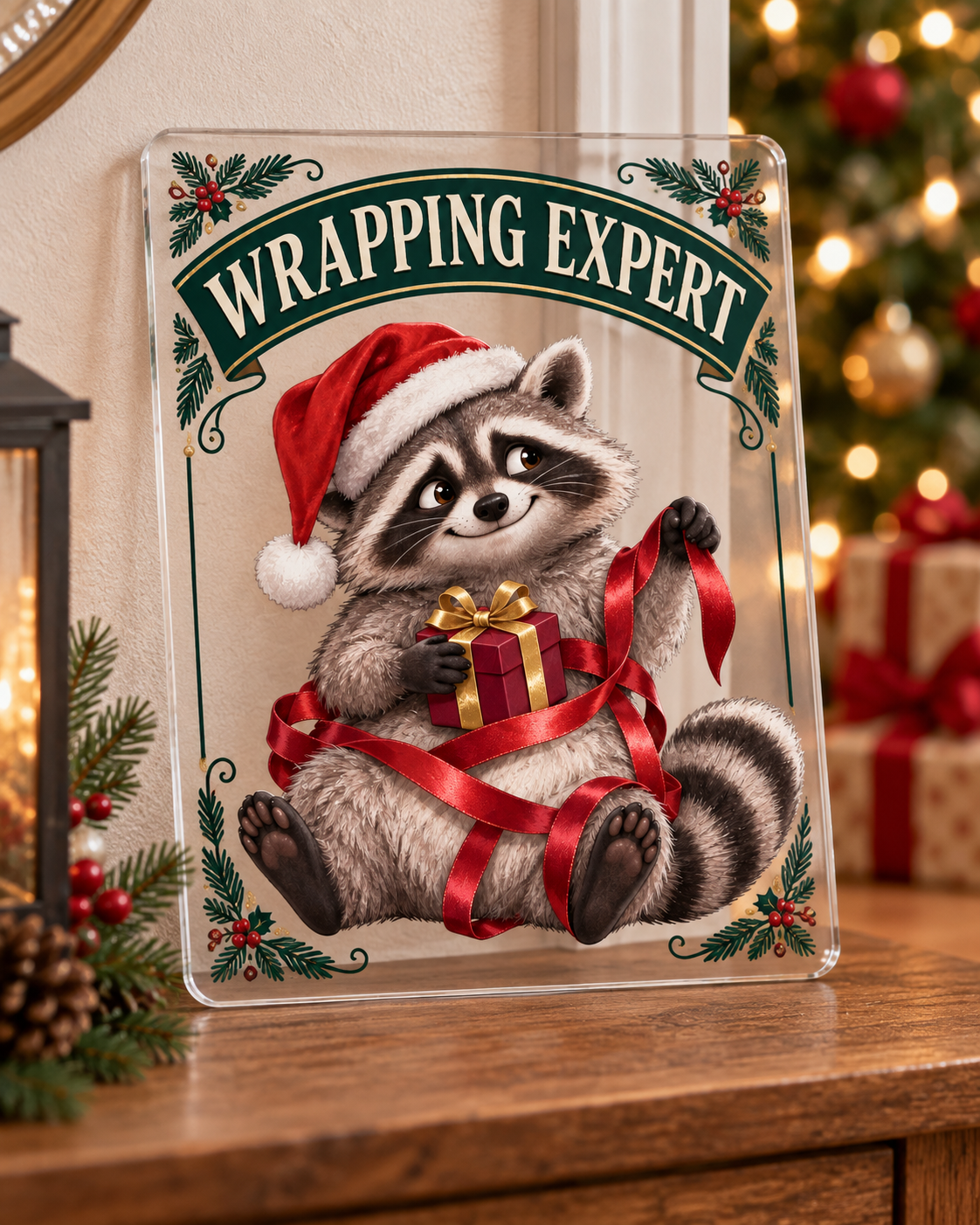 Funny Christmas gift-wrapping raccoon sign with illustrated 3D depth in a festive setting; generated acrylic product mockup