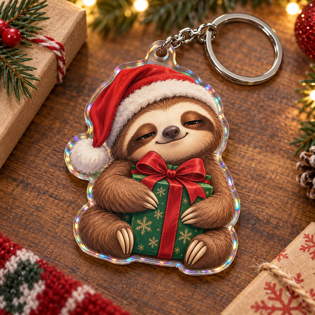 Funny Christmas sleepy gift-hugging sloth keychain with illustrated 3D depth in a festive setting; generated acrylic product mockup